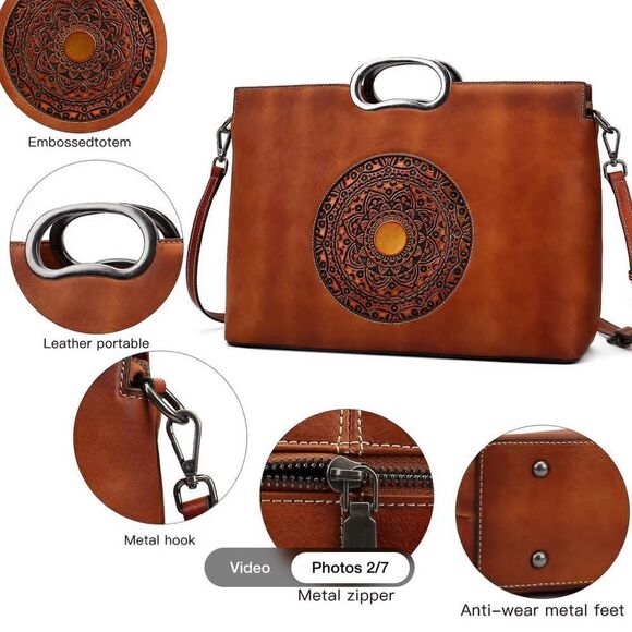 Handbags - New Brown Leather Handbag with Mandala Design Handle with removable strap